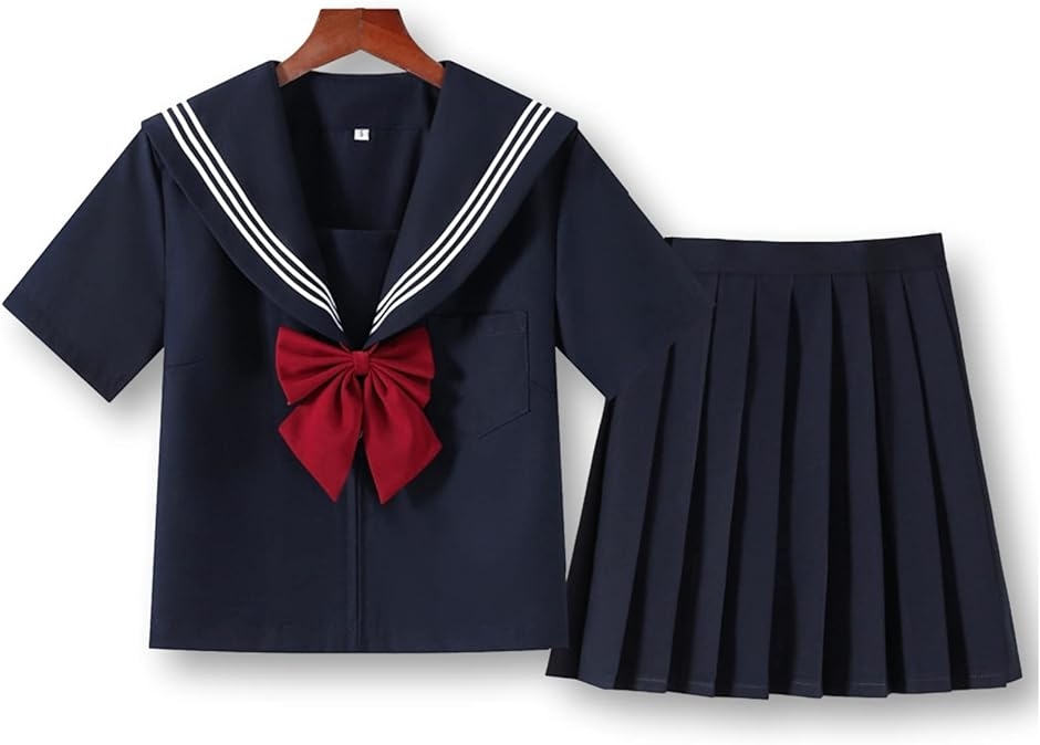セーラー服 コスプレ 制服 半袖 プリーツスカート リボン 3点セット ネイビー( XL)｜zebrand-shop