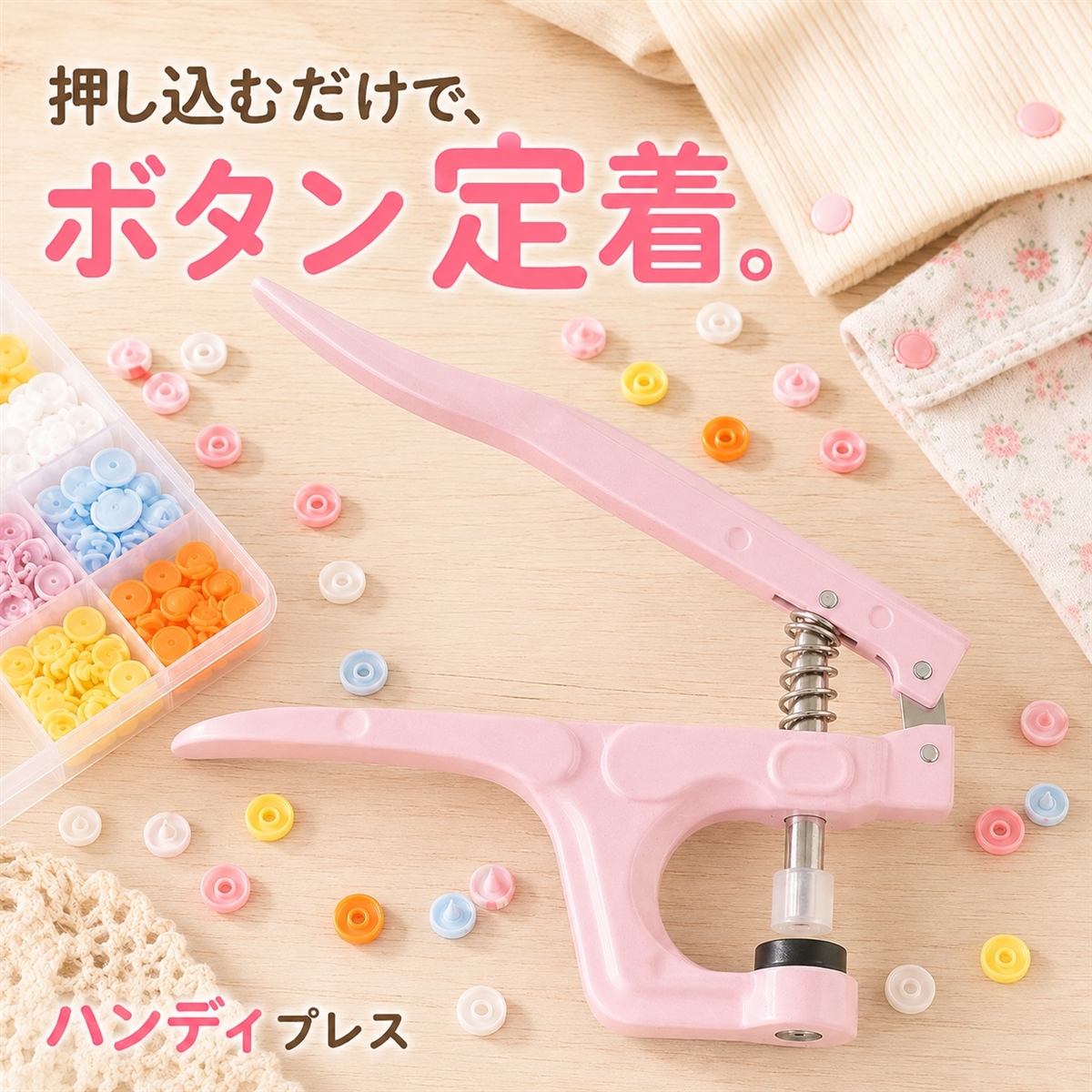 プラスナップ ハンディプレス ボタン T3 T5 T8 本体 工具セット (ピンク)