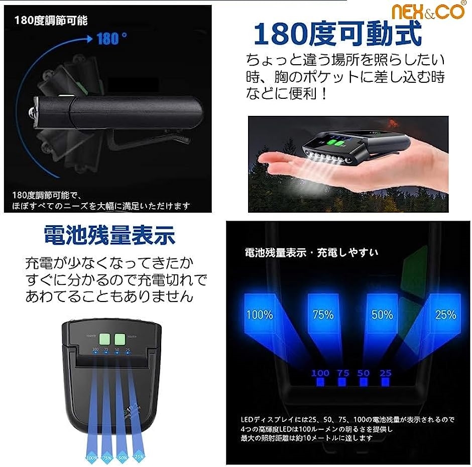 充電式 キャップライト 帽子ライト クリップ モーションセンサー LED 防水 軽量 明るい( Black,  Medium-1個入り)｜zebrand-shop｜03