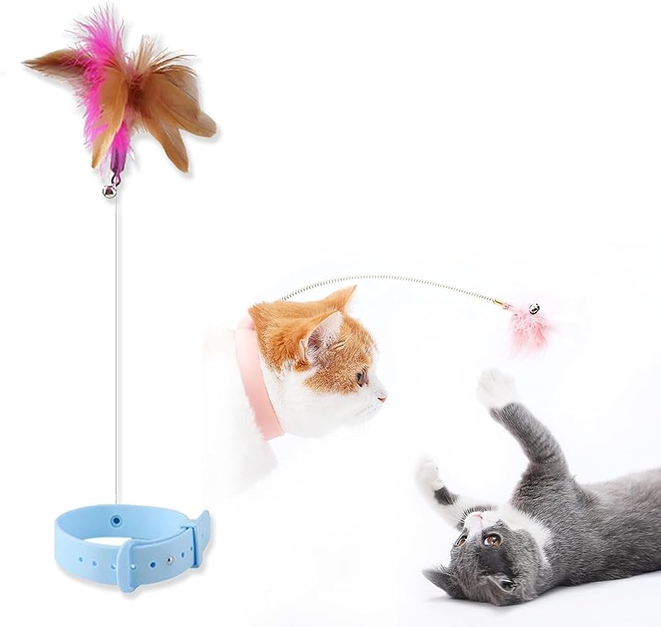 首輪付き猫のおもちゃ 一人遊び 羽 羽根のおもちゃ 猫の首輪 ペット用品( ブルー)