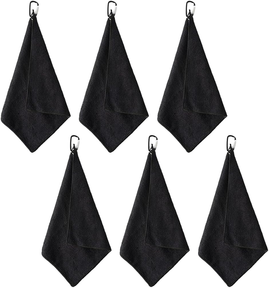 ゴルフボール拭き ゴルフタオル 柔らかい カラビナクリップ付き 黒(ブラック)