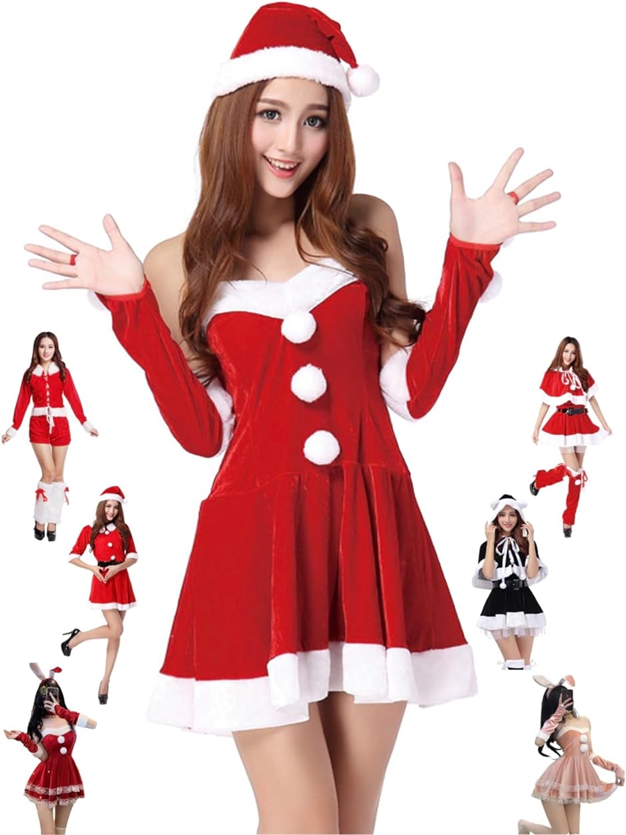 サンタ コスプレ 衣装3点セット クリスマス 大人 レディース 仮装 フリーサイズ( ベアトップワンピース,  Free Size)