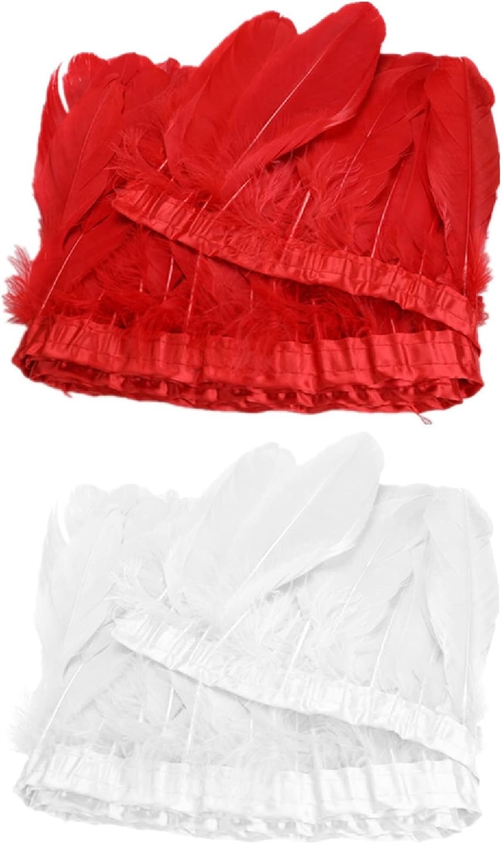 羽根 フリンジ 装飾 手芸 コスプレ 髪飾り アクセサリー DIY バッグ 帽子( 赤2ｍ、白2ｍセット)