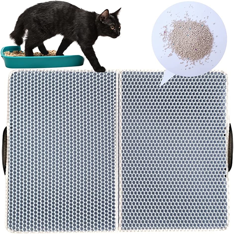 猫砂 猫砂マット トイレマット 砂取りマット 二つ折り 洗える 滑り止めマット 防臭 折り畳める 持ち運べる( ブルー,  55x75)