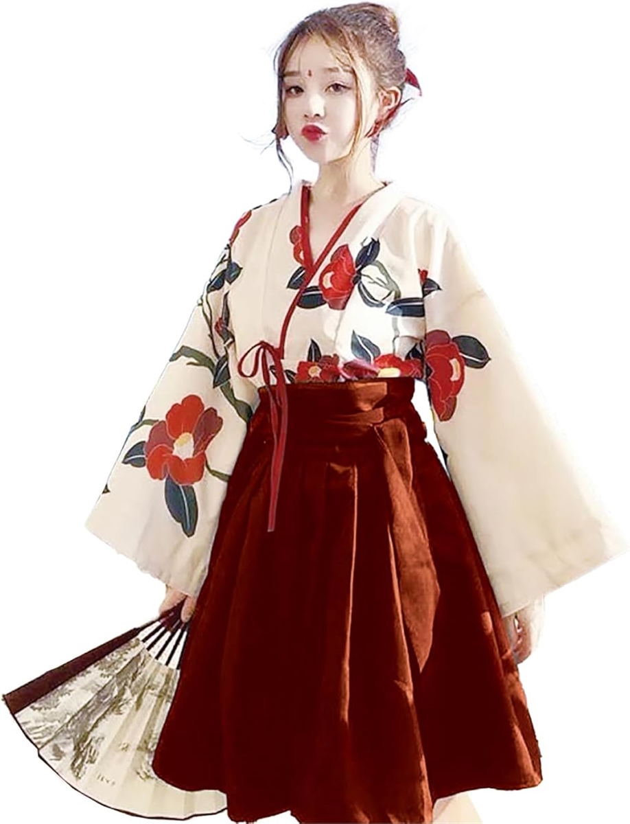 大正ロマン レトロ コスプレ アニメ アジアン 袴 ショート丈 浴衣 和装 和服 着物 女装 イベント パーティー(レッド, M)