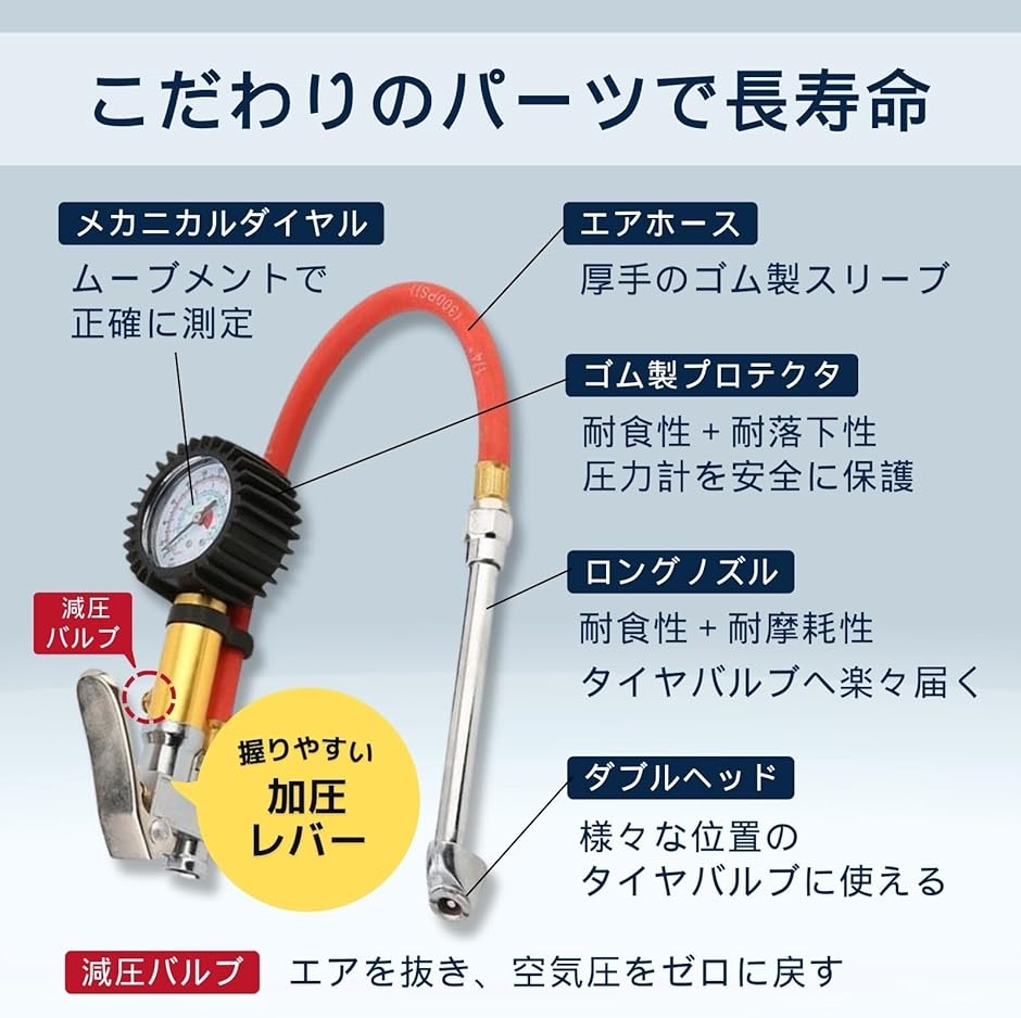 車 エアゲージ チャックガン バイク 自転車 タイヤ 空気入れ 空気圧計 高精度 メモリ 16 bar ホース 滑り止め付( ブラック)｜zebrand-shop｜04