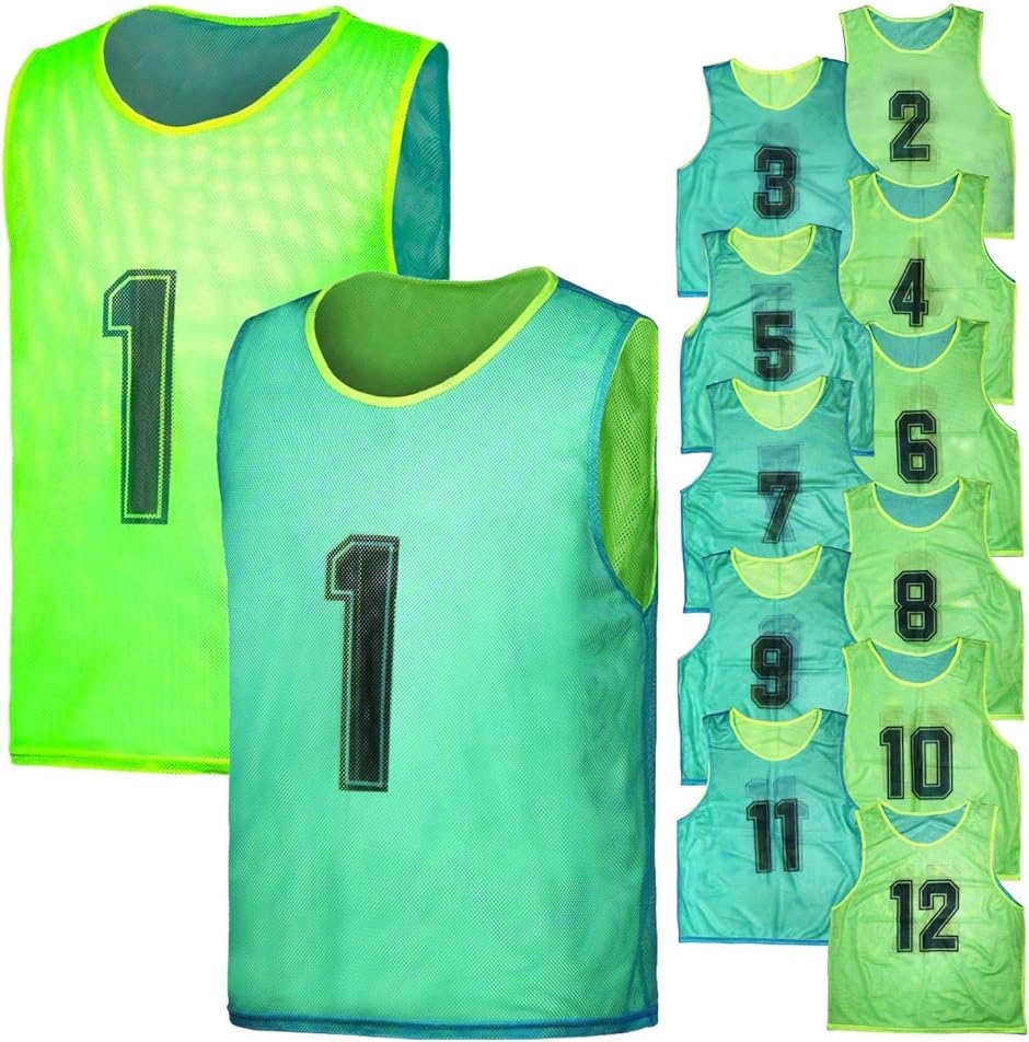 Okima リバーシブルビブス 12枚セット サッカー バスケ フットサル 両面ナンバー付き 大人用( ブルー/イエローグリーン)｜zebrand-shop