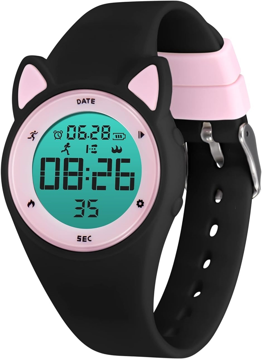子供腕時計 猫 女の子 充電式 ウォッチ万歩計 キッズ スマートウォッチ 活動量計( 04-ブラック-ピンク,  ワンサイズ)