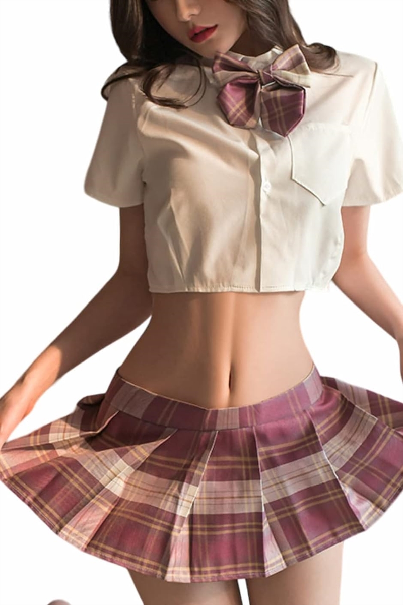 女子高生 コスプレ Tショーツつき コスチューム 半袖 チェック リボン ミニスカート( ピンク)