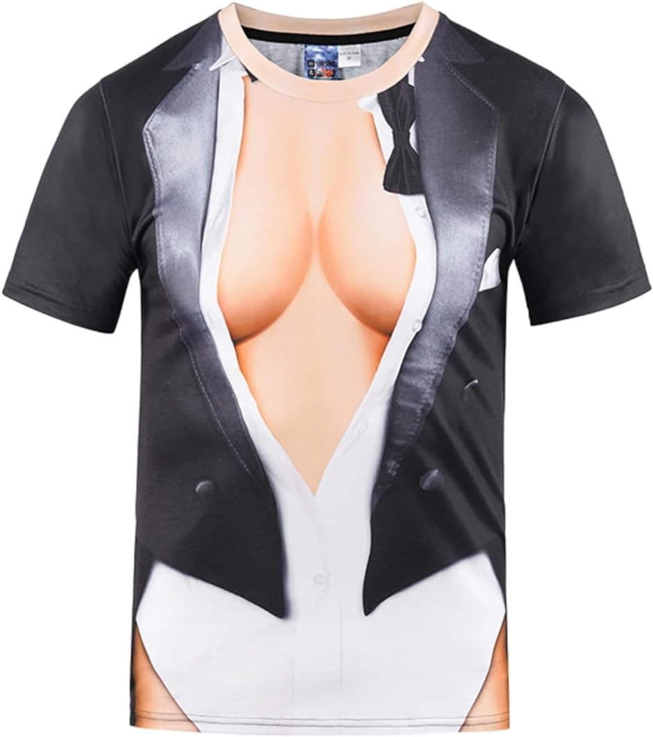 おもしろtシャツ レディース タキシード風 胸元 セクシー 面白いtシャツ メンズ 半袖 スリム XXXLサイズ( 3XL)