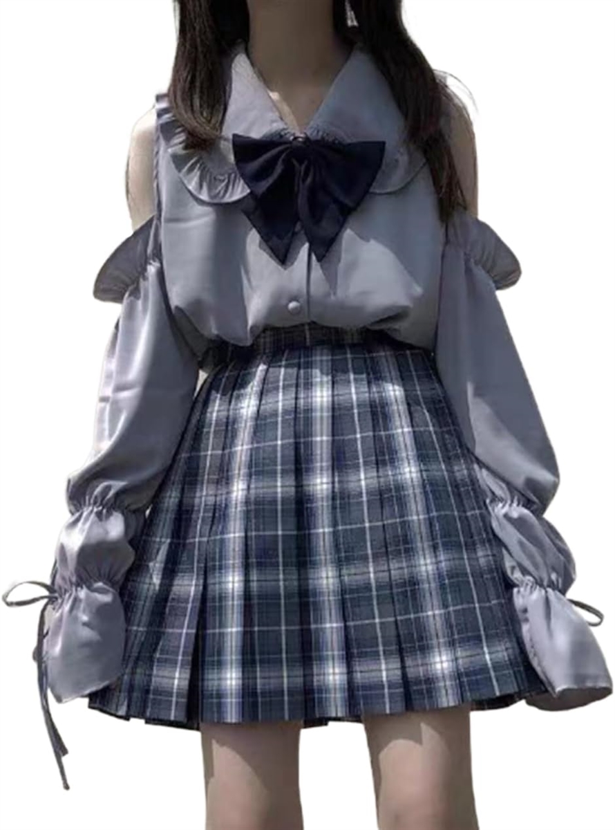 Yahoo! Yahoo!ショッピング(ヤフー ショッピング)制服 女子高生 グレー コスプレ 衣装 スカート チェック柄 長袖 レディース ブラウス 肩出し ハロウィン 仮装（M）