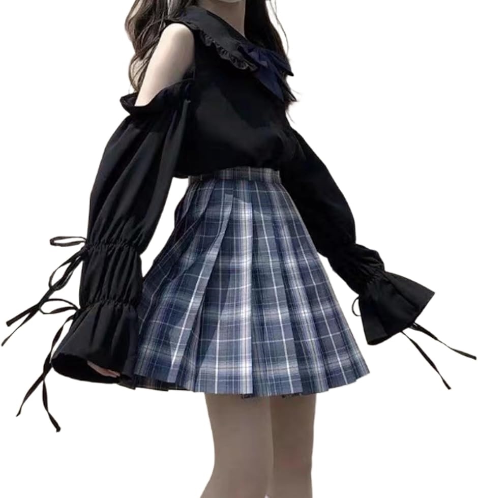 Yahoo! Yahoo!ショッピング(ヤフー ショッピング)制服 女子高生 ブラック コスプレ 衣装 スカート チェック柄 長袖 レディース ブラウス 肩出し ハロウィン 仮装（M）