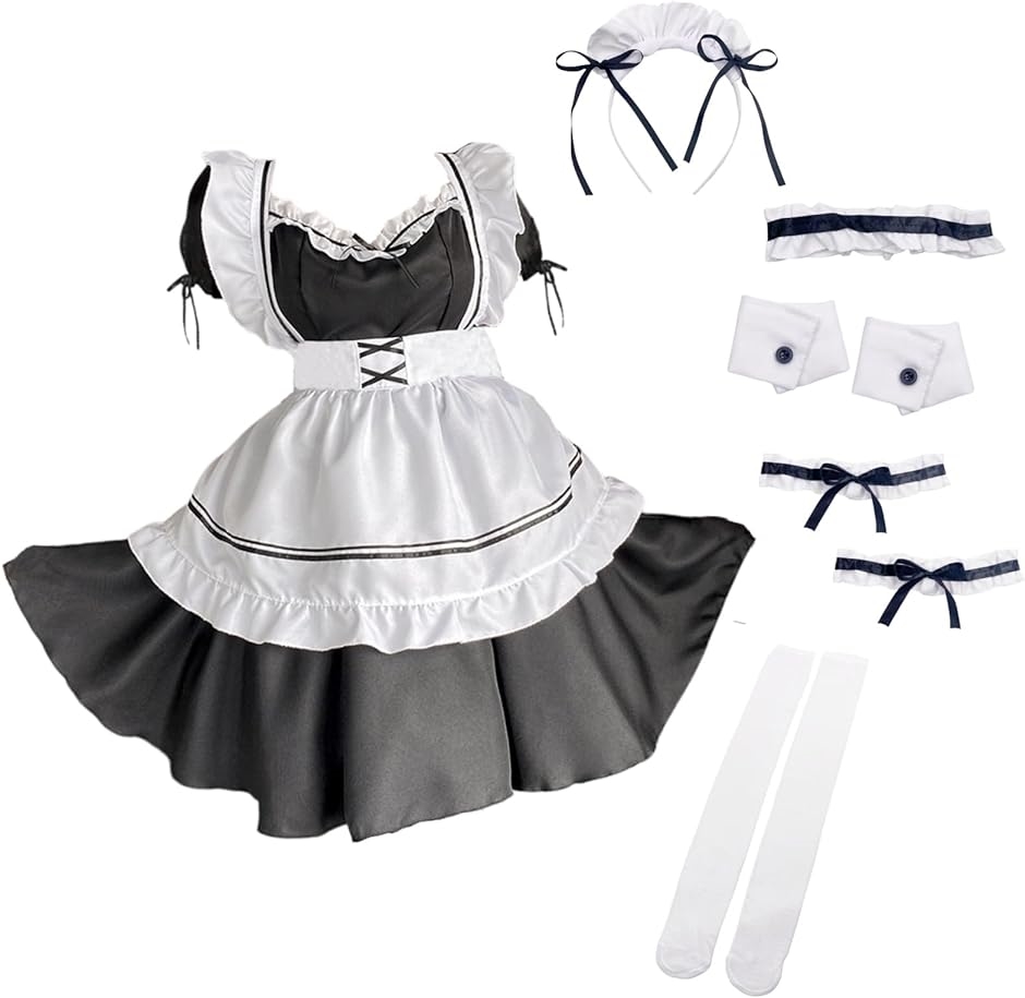 メイド服 7点セットワンピース エプロン カチューシャ 小物 コスプレ ハロウィン フリル ロリータ 衣装( XL)