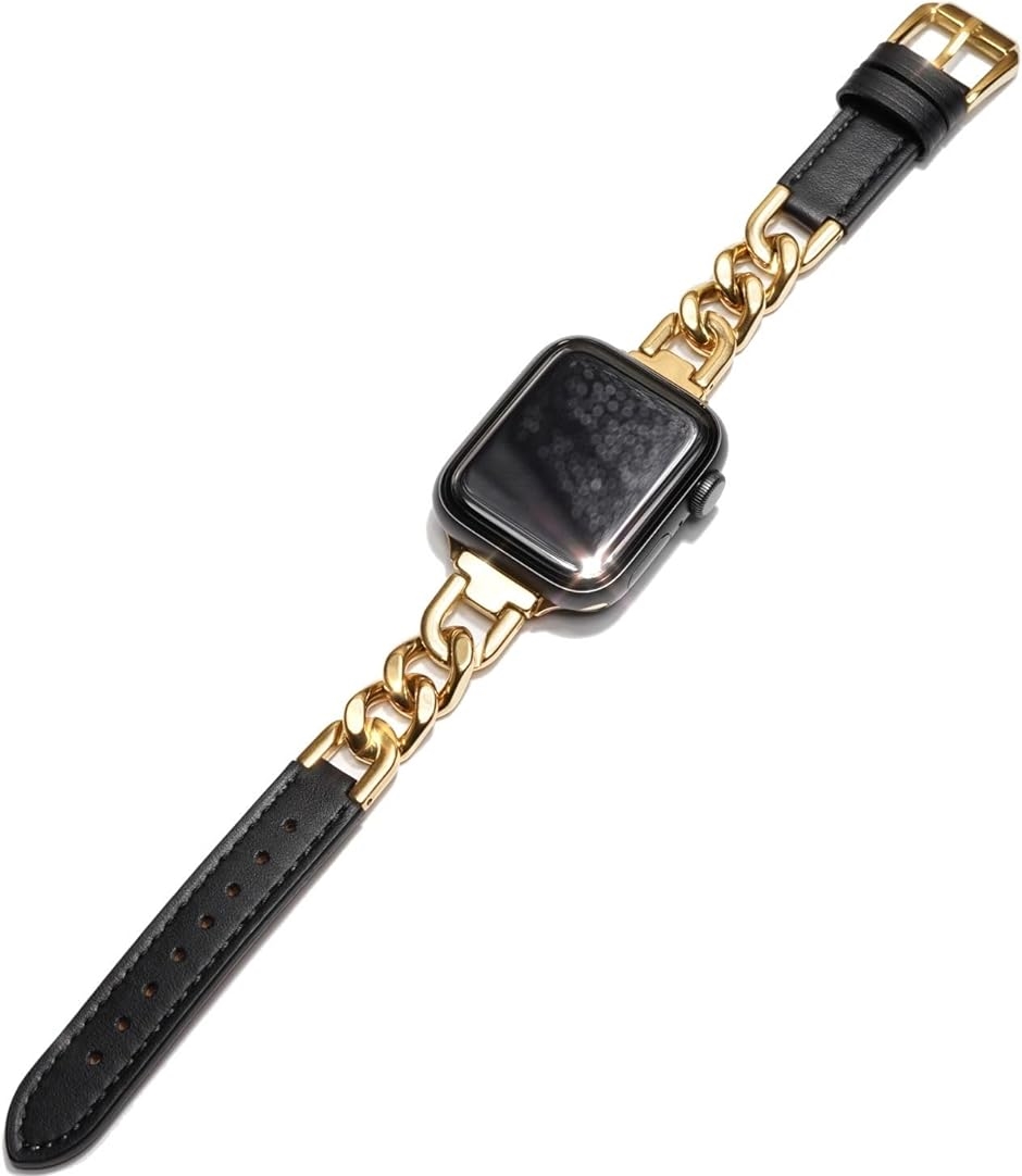 applewatch チェーン レザー ベルト グルメットメタル お洒落 ギフト( ゴールド/ブラック,  38/40/41mm)｜zebrand-shop