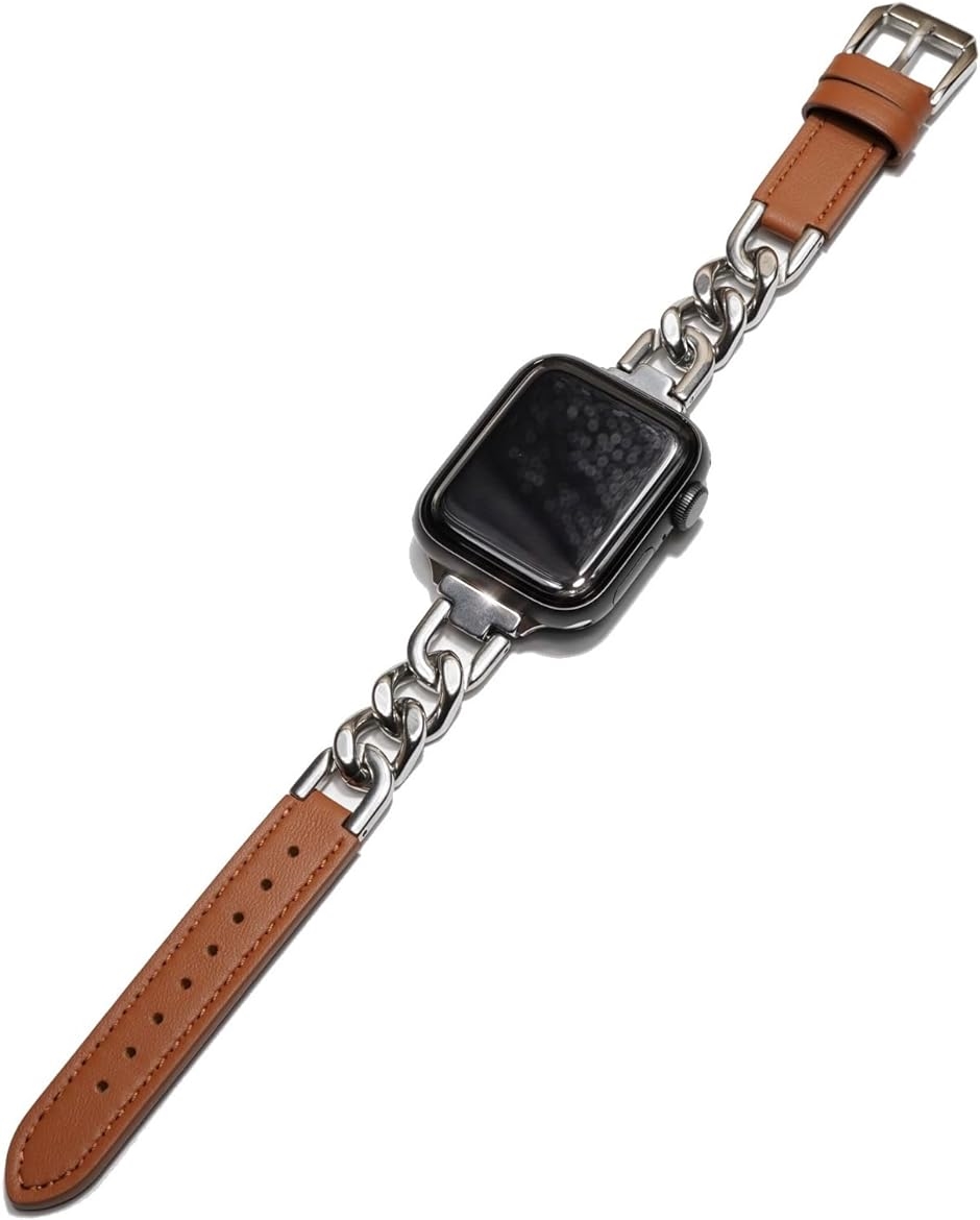 applewatch チェーン レザー ベルト グルメットメタル お洒落 ギフト( silver/brown,  42/44/45mm)｜zebrand-shop