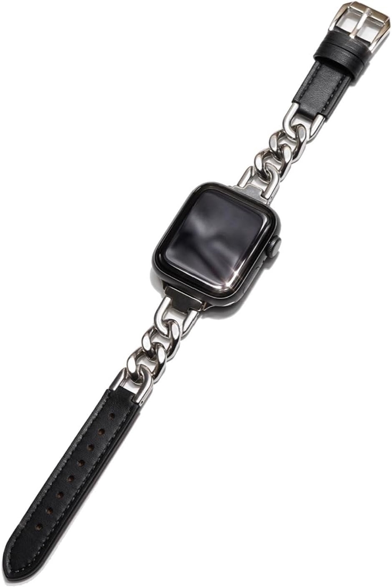 applewatch チェーン レザー ベルト グルメットメタル お洒落 ギフト( シルバー/ブラック,  42/44/45mm)｜zebrand-shop