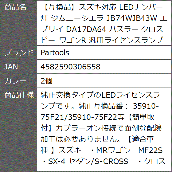 互換品】スズキ対応 LEDナンバー灯 ジムニーシエラ JB74WJB43W