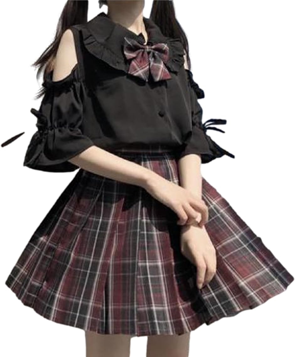 JK 制服 コスプレ 肩出し スクール制服 上下セット セーラー服 学生服 フル セットアップ コスチューム( ブラック, XL)