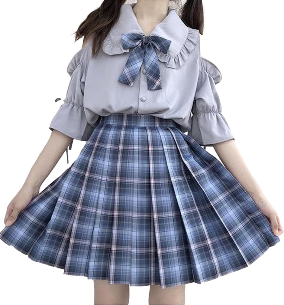 JK 制服 コスプレ 肩出し スクール制服 上下セット セーラー服 学生服 フル セットアップ コスチューム 半袖( ブルー,  XL)