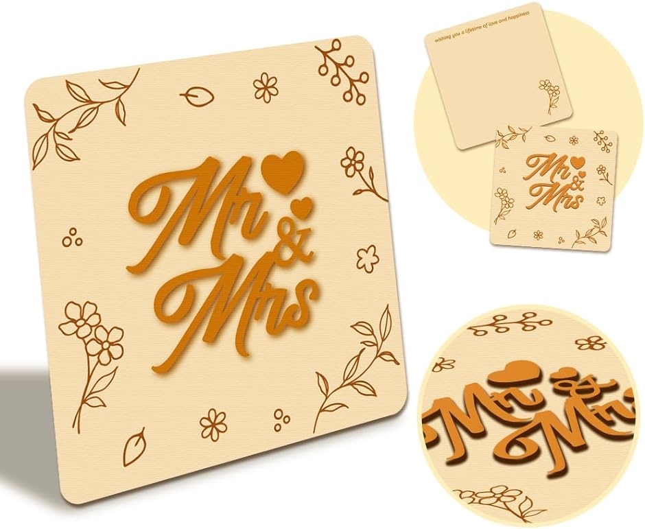 木製記念カード Mr.Mrs 13x13cm 手作り木製カード 結婚記念日 正方形 カップル バレンタイン 誕生日ギフト MDM｜zebrand-shop