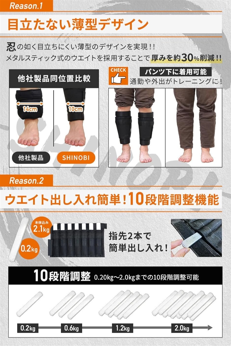 シノビウェイト 厚み30％オフ 服下着用可 アンクルウェイト リストウェイト 10段階調整 片脚 両脚( Ankle,  free)｜zebrand-shop｜02