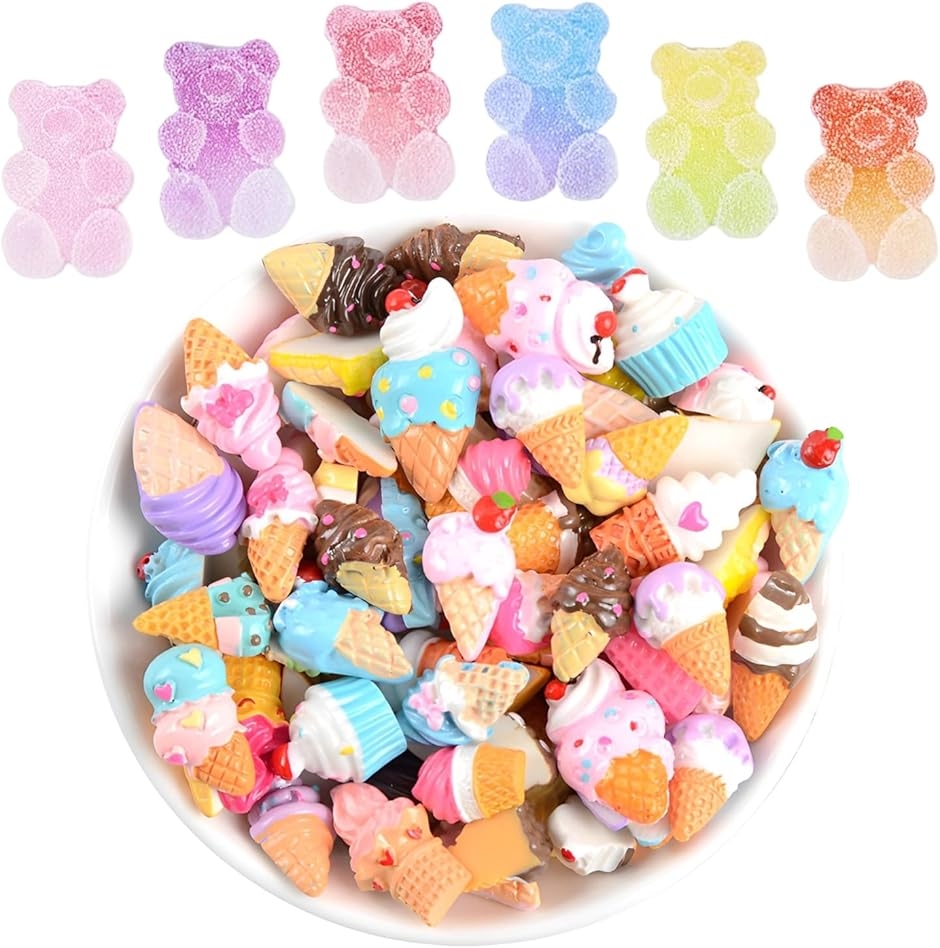 デコパーツ クマ キャンディ 110個 ハンドメイド 樹脂 ロリポップ ミックス (クマ60個＆アイスクリーム50個)
