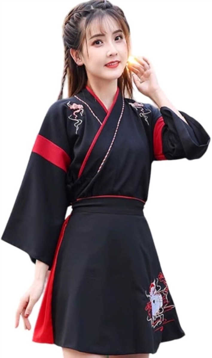 2点セット トップス スカート コスプレ コスチューム 巫女 大正ロマン 袴セット ショート 浴衣 着物 漢服 和風(ブラック, M)