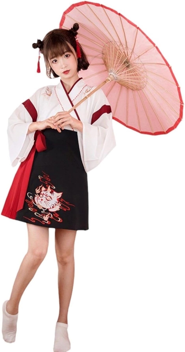 2点セット トップス スカート コスプレ コスチューム 巫女 大正ロマン 袴セット ショート 浴衣 着物 漢服(ホワイト, Sサイズ)