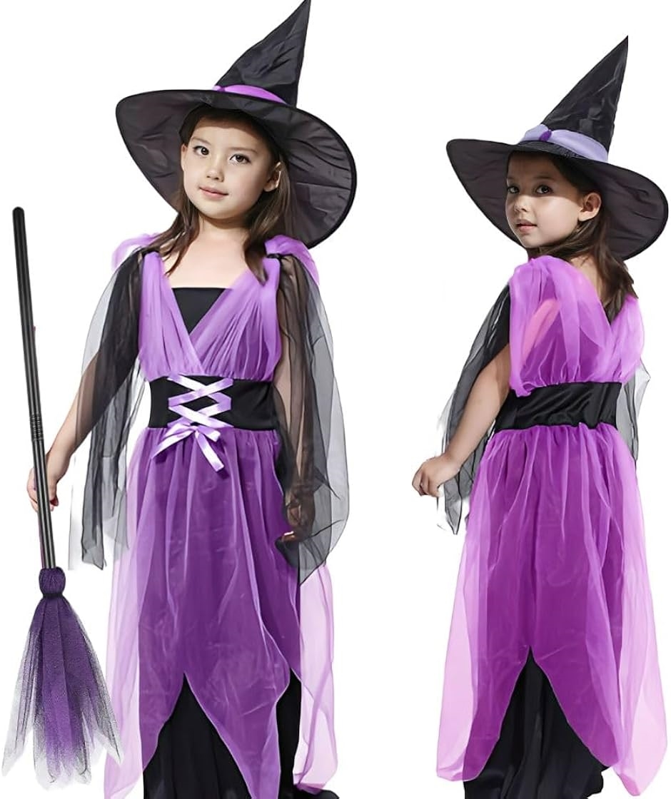 ハロウィン 魔女 ドレス 帽子 ほうき 3点 セット キッズ 仮装 コスプレ 衣装(パープル,  130)