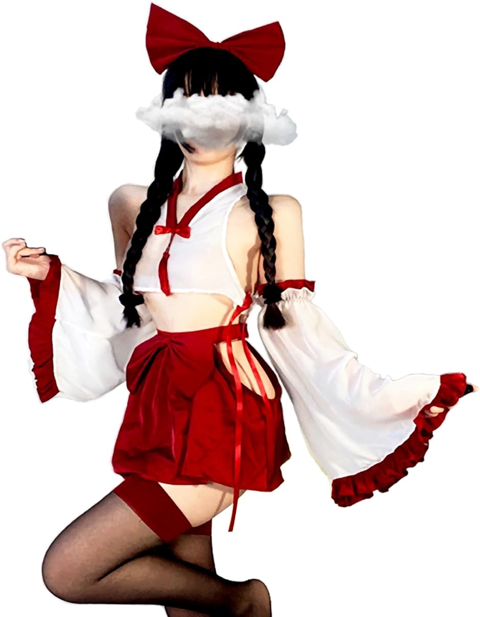 巫女 コスプレ 和装 着物 和服 正月 仮装 衣装 赤 クリーム コスチューム 巫女服 5点セット( ホワイト)
