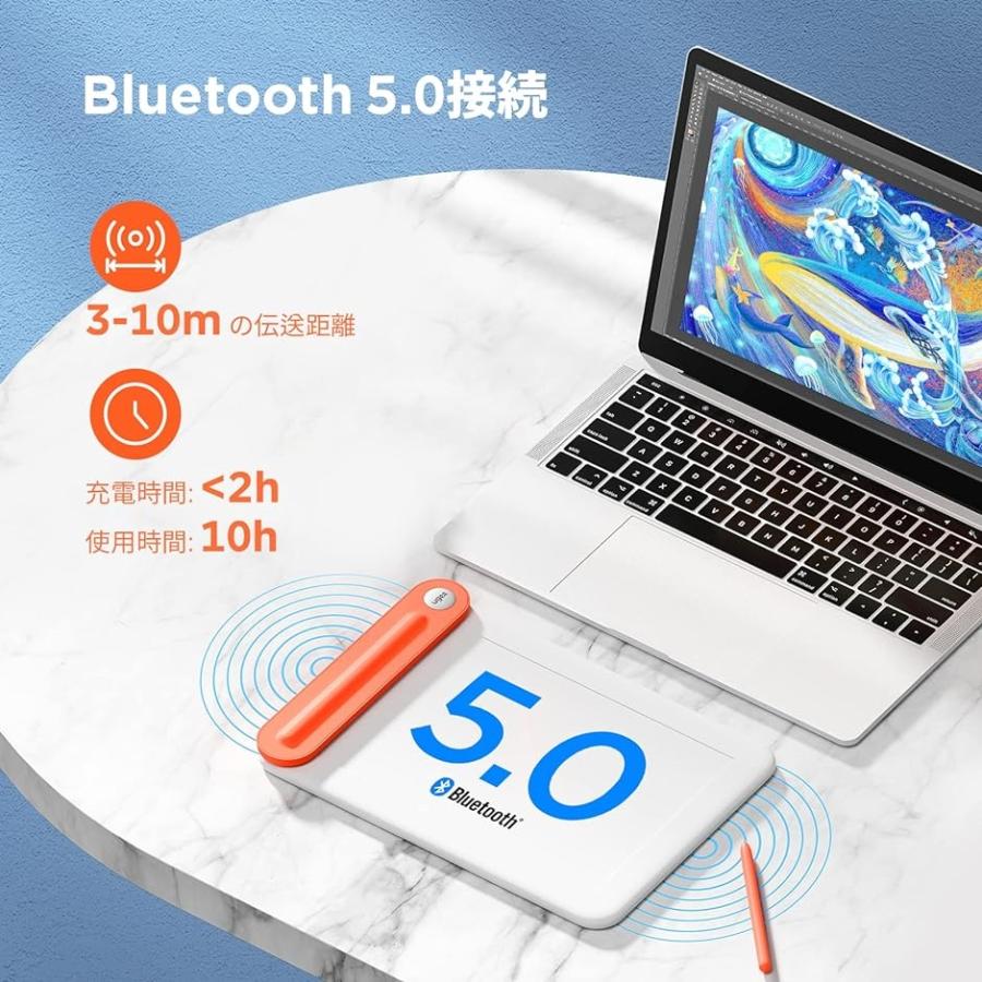 ペンタブ Q8W Bluetooth対応 ペンタブレット 8.5x6インチ 8192レベル筆圧 60°傾き検知 板タブ お絵描き 描画 MDM｜zebrand-shop｜02