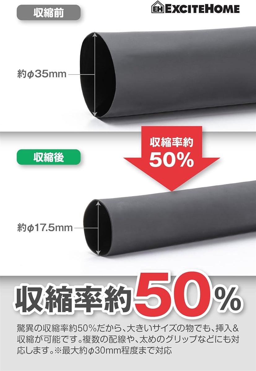 熱収縮チューブ 内径φ35mm 収縮率50% 35mm＞17.5mm 絶縁チューブ ラバーグリップ 防水 保護カバー 高耐久( クリア)｜zebrand-shop｜03