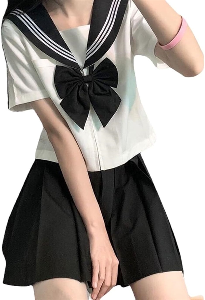 3点セット 制服 セーラー服 濃紺 白 シャツ スカート 蝶結びリボン 白三本 プリーツスカート コスプレ 文化祭( 半袖,  L)｜zebrand-shop