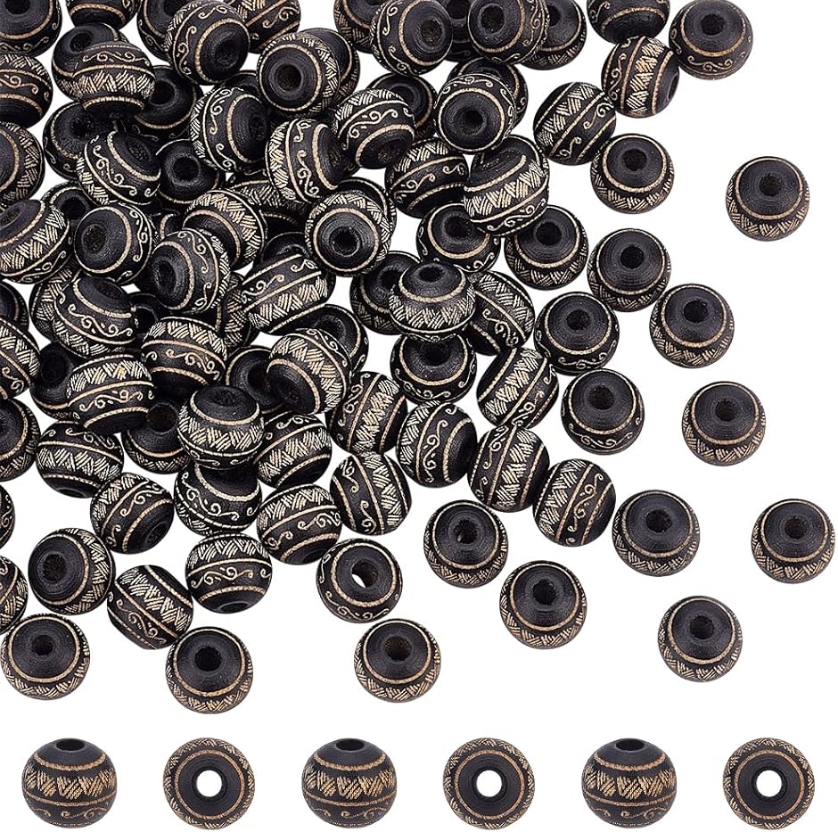 Yahoo! Yahoo!ショッピング(ヤフー ショッピング)100個10mm 木製ビーズ 天然木ビーズ ウッドビーズ レーザー彫刻 リーフパターン ルースウッドビーズ アクセサリー 黒（ リーフ）