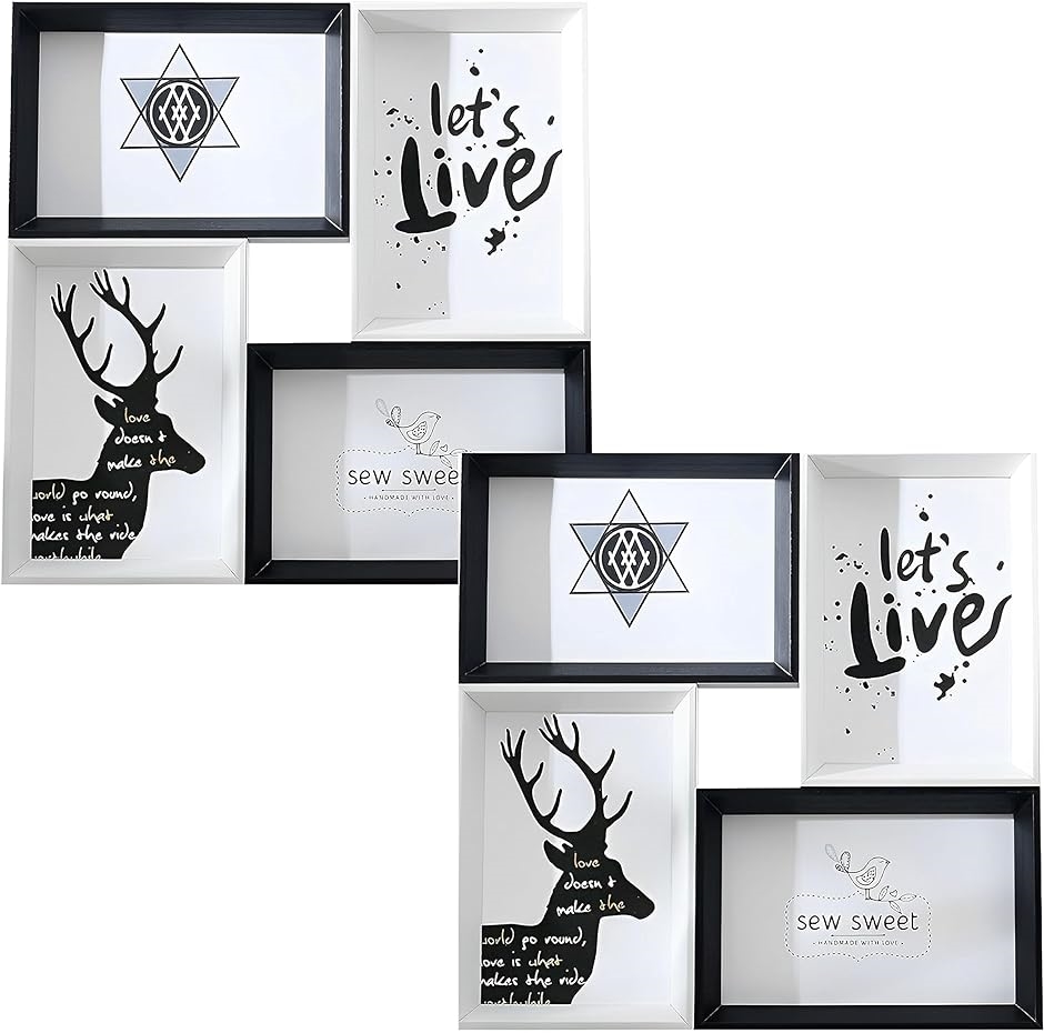 フォトフレーム 写真立て 複数枚 多面 壁掛け 卓上 4枚 木製 ハガキ ポストカード用 白黒 2個 セット( 白黒)