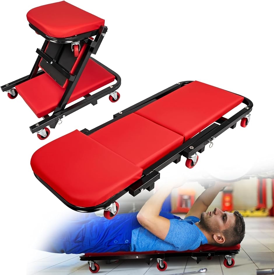 寝板 クリーパー 作業椅子 両用 低床 キャスター付き 車整備 折りたたみ レッド MDM｜zebrand-shop