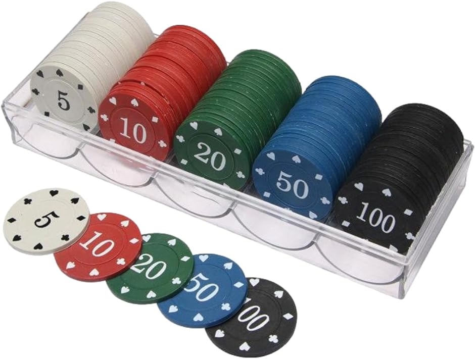 ポーカーチップセット アクリルケース付き 5色アソート ブラックジャック・テーブルゲーム用 100枚入り