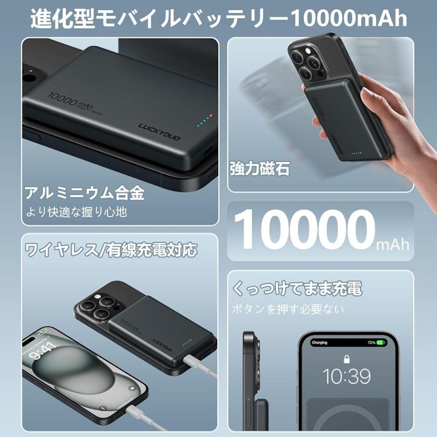 Magsafe対応 モバイルバッテリー 軽量 12MM薄型 マグネット式ワイヤレス充電 10000mAh グレー MDM( スペース・グレー)｜zebrand-shop｜04