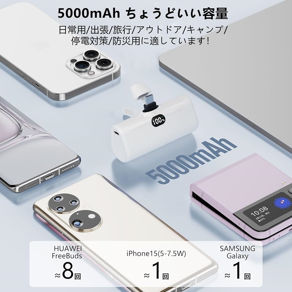モバイルバッテリー 5000mAh Type-Cコネクター内蔵 直接充電 急速充電