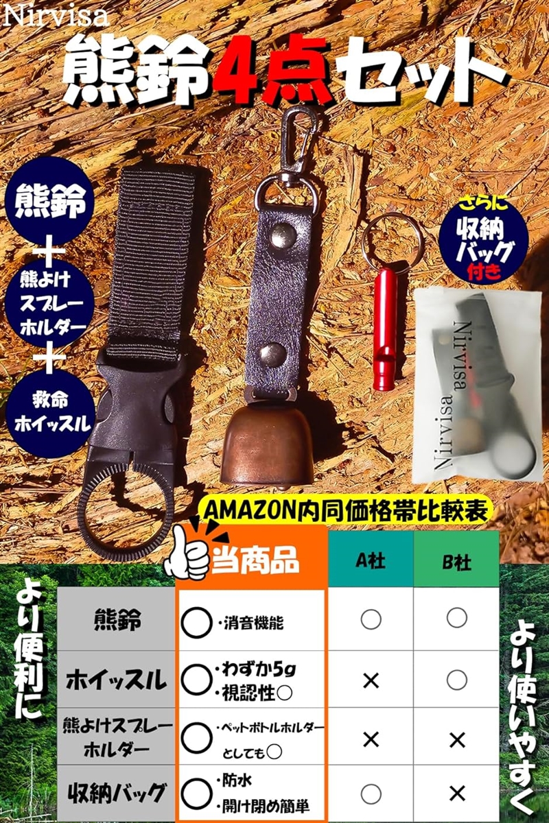 熊鈴 消音機能付き 4点セット 熊よけ鈴 熊よけスプレーホルダー