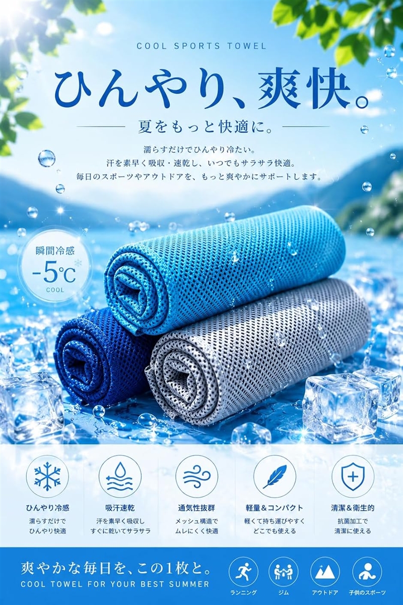 冷却タオル スポーツ用 3枚セット ブルー ネイビー グレー ジム