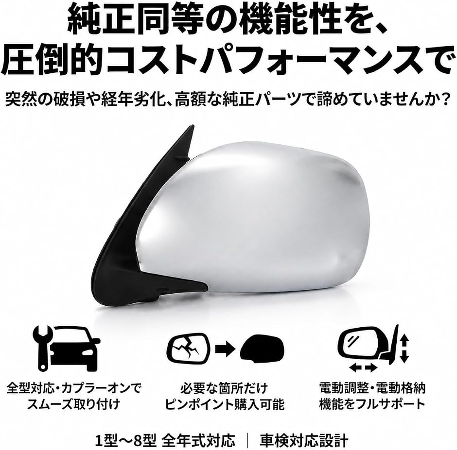 ジャンク　トヨタ200系ハイエース　電動格納　ドアミラー　電動調整　シルバー 互換品】ハイエース 純正互換 200系 シルバー ドアミラー 電動格納