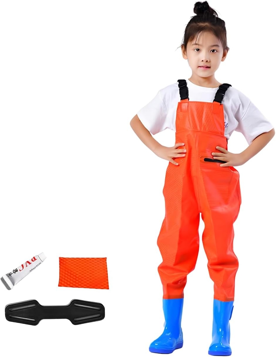 ウェーダー 子供 胴付長靴 防水ズボン 砂遊び 砂場着 補修キット付 ショルダーベルト ポケット 幼児 (オレンジ,  20.5cm)