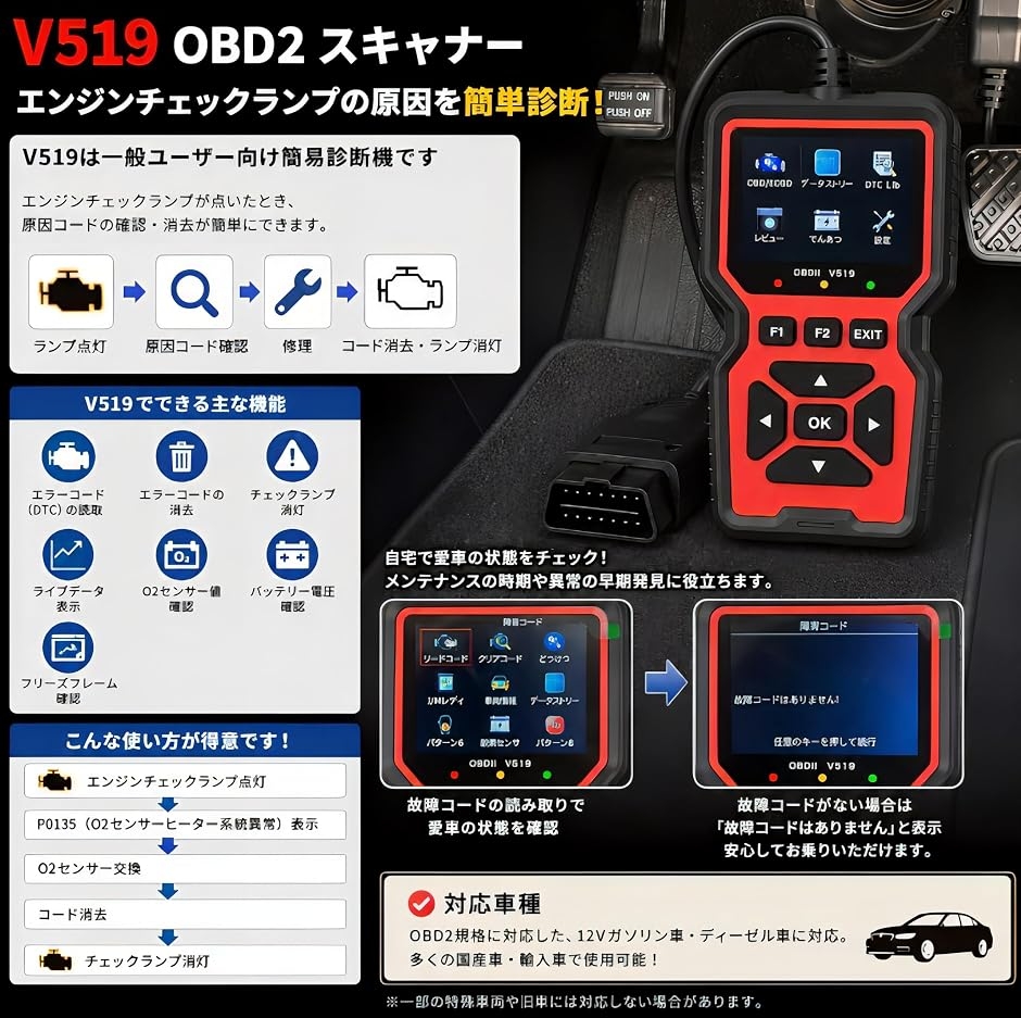 OBD2 診断機 故障診断 スキャンツール 自動車 バイク対応 エラーコード