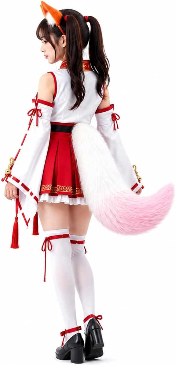 狐しっぽ コスプレ ふわふわ ワンタッチベルト ウエスト調節可 仮装 尻尾 (ホワイト&ピンク, 特大 65cm)
