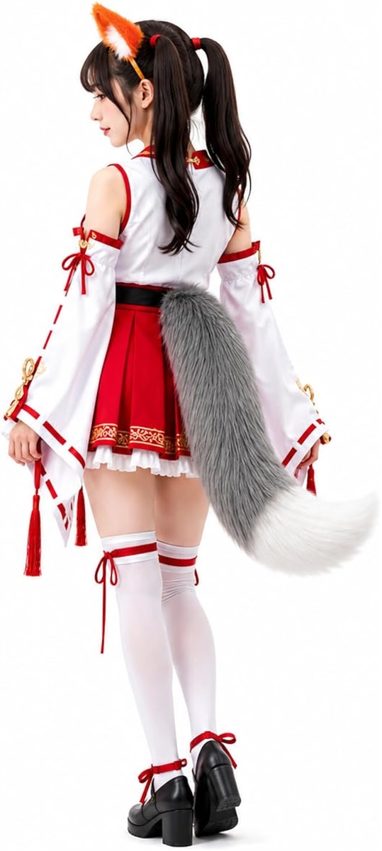 狐しっぽ コスプレ ふわふわ ワンタッチベルト ウエスト調節可 仮装 尻尾 (グレー&ホワイト, 特大 65cm)