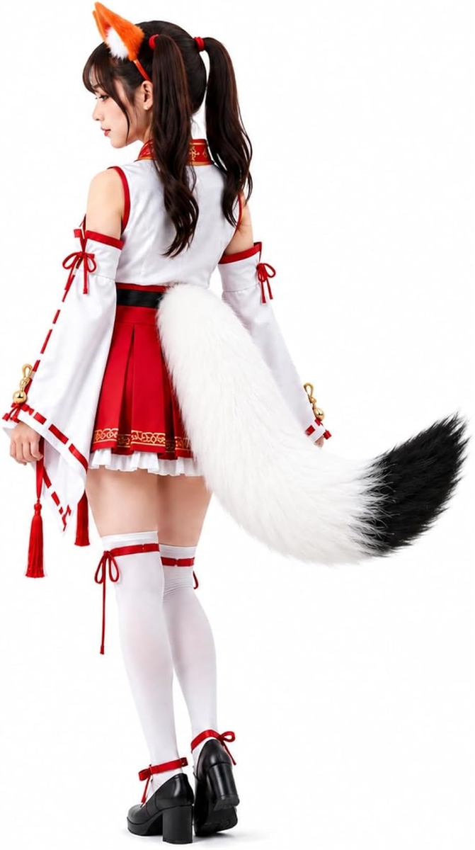 狐しっぽ コスプレ ふわふわ ワンタッチベルト ウエスト調節可 仮装 尻尾 (ホワイト&ブラック, 特大 65cm)