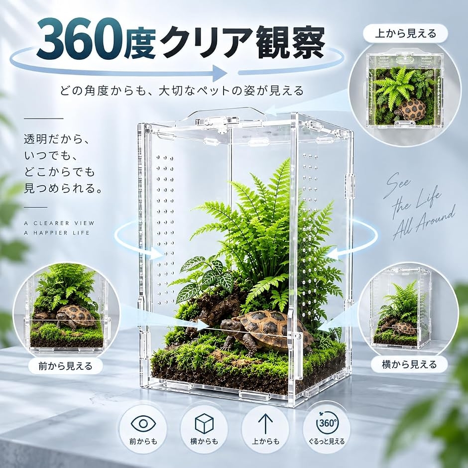 爬虫類用 飼育ケージ セット 照明・シェルター付き 爬虫類 シェルター レプタイル 爬虫類ケージ アクリル 透明 飼育ケース