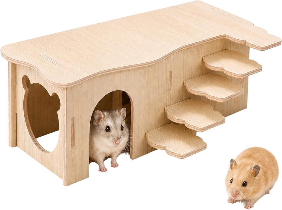 ハムスター ハウス 家 木製 2部屋 階段付き 隠れ家 小屋 天然木 巣箱