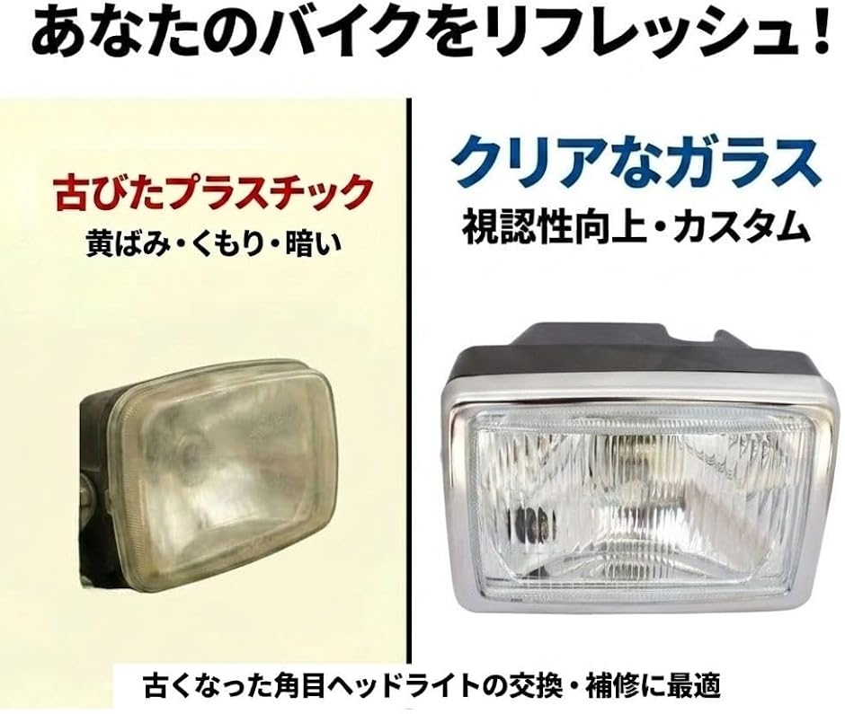 互換品】 バイク ヘッドライト 角目 ガラスレンズ 汎用 クラシック